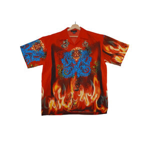 L.A. BEAT Dragon Flame Graphic Button Up Shirt Red Blue Men’s Large